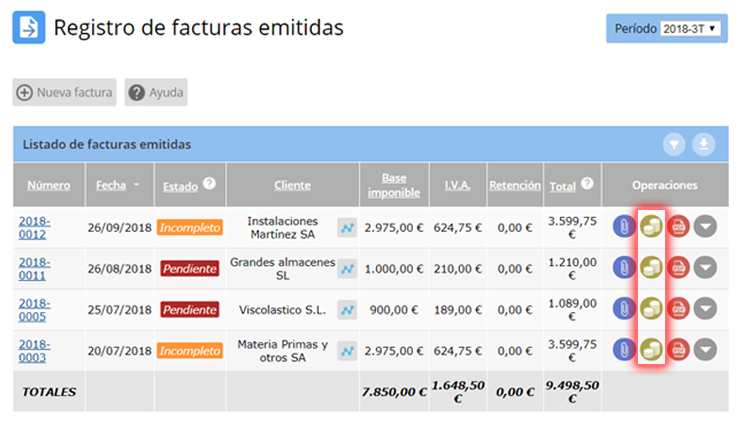 Acciones del módulo de contabilidad